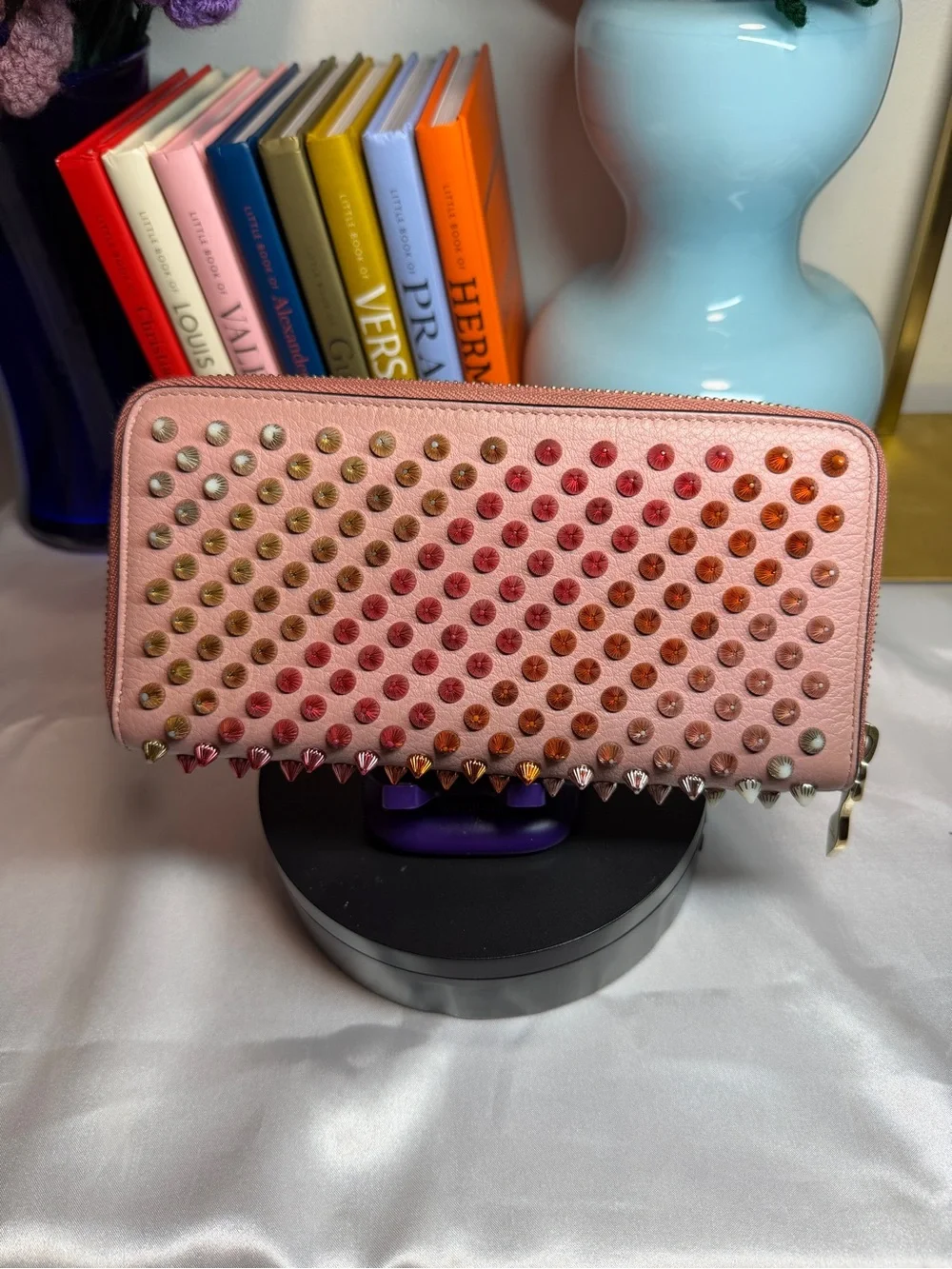 Christian Louboutin pink Panettone Spiked Leather wallet with COA